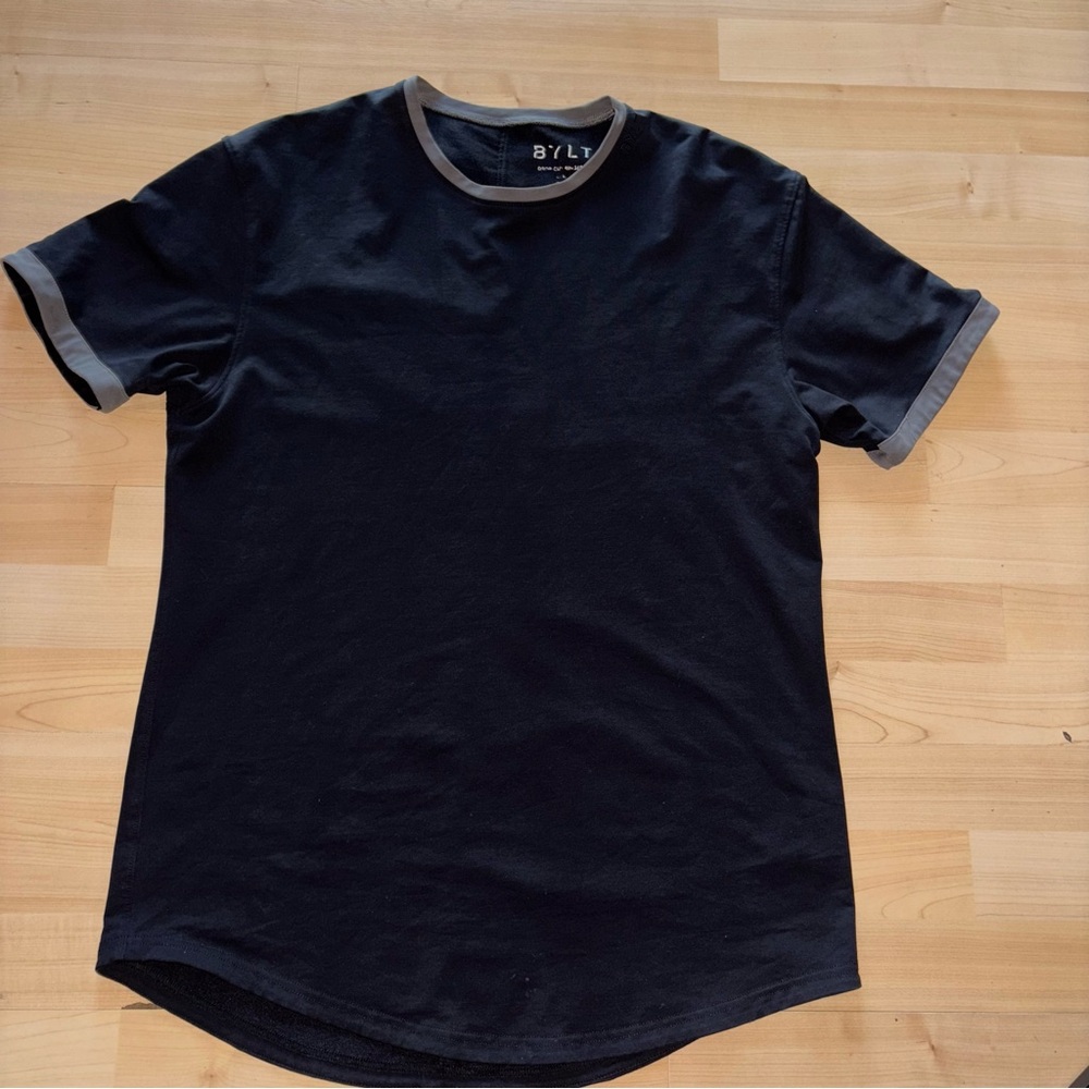 BYLT Drop-Cut Ringer T-Shirt Black/Grey Stripe Sz Large Active Golf Stretch Tee